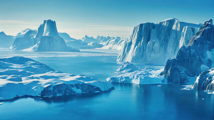 Icebergs and snowy rocks beside cold sea view concept. Majestic icy mountains and serene waters under a clear blue sky.