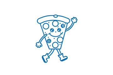 Blue outline slice of pizza waving and walking on white background