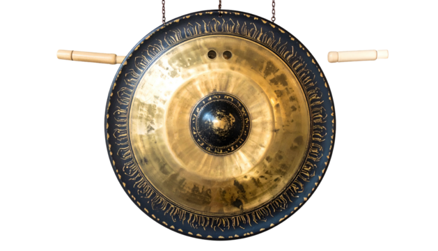 Gleaming gong hangs, wooden mallets poised for resonant sound