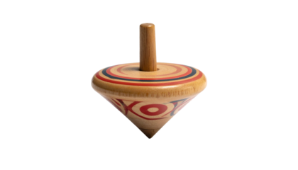 Painted wooden spinning top with concentric rings and graphic letters