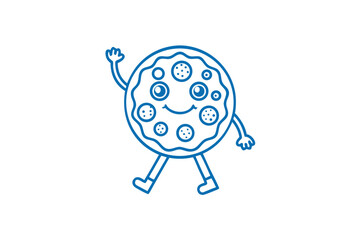 Cheerful cartoon pizza character is waving as it walks on a white backdrop