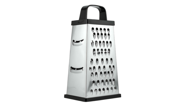 Grater Metallic four-sided grater with black handle on black background