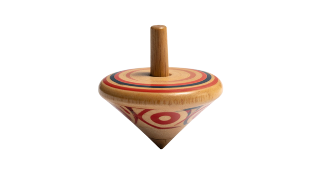 Painted wooden spinning top with concentric rings and graphic letters - Powered by Adobe