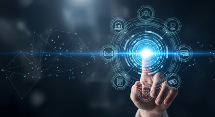A digital interface is activated by a human finger, symbolizing technological advancements, data access, and innovative future possibilities.