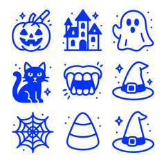 Blue halloween icons such as pumpkin, ghost, and castle, perfect for spookythemed graphic design projects and festive decorations. Ideal for seasonal marketing materials.