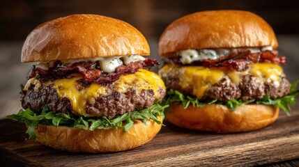 Two juicy cheeseburgers sit on a wooden board. Each burger features melted cheddar cheese crispy bacon and fresh lettuce all enclosed in soft golden-brown buns.