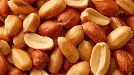 Different types of peanuts are displayed together showcasing their light brown tan and reddish colors. The textures vary emphasizing healthy snack choices for all.