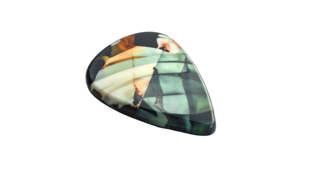 Multicolored triangular object with a glossy finish on black