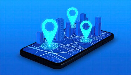 Smartphone Map with Pulsing Geo Pins and Cyan Halo