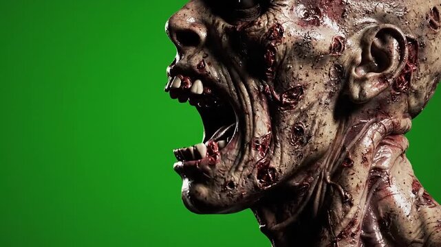 Creepy zombie profile with gruesome detail and green screen background for horror film, perfect for Halloween event or a scary movie trailer sequence