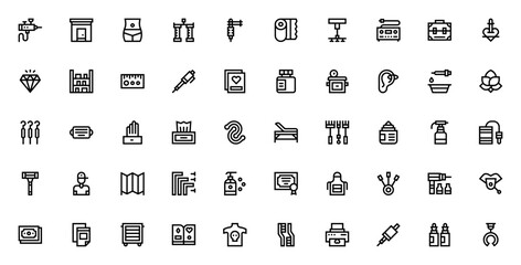 Tattoo studio icon set. Vector illustration pack. Inludes tattoo machine, artit, chair, needles, ink, glves, piercing, skull, suppies and more. Editable strke.