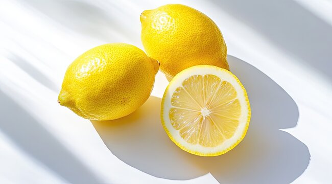 Three lemons, one sliced, on white surface with sun shadows