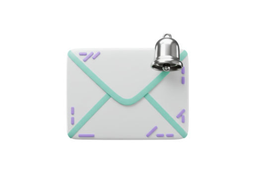 Isolated new email notification, mail message with bell on top, new inbox message alert