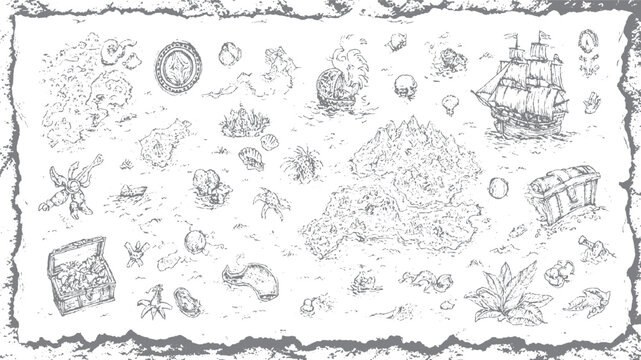 Pirate treasure map with ships islands skulls and chests vector
