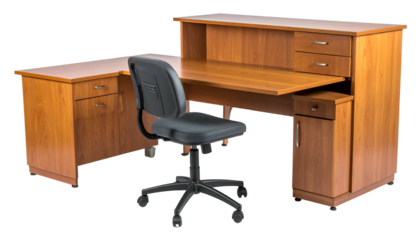 Wooden L-shaped desk and black chair