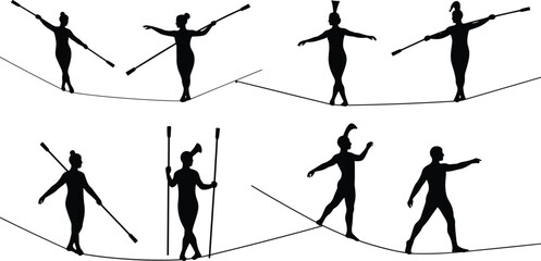Silhouettes of tightrope walkers balancing on ropes, performing circus acrobatics with poles, graceful balance art illustration on white background © Kartik Creative