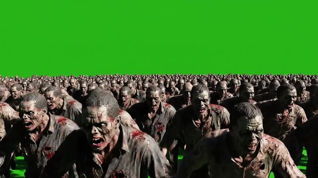 Terrifying horde of zombies walking menacingly toward you on a green screen for post-apocalyptic horror films or video game effects