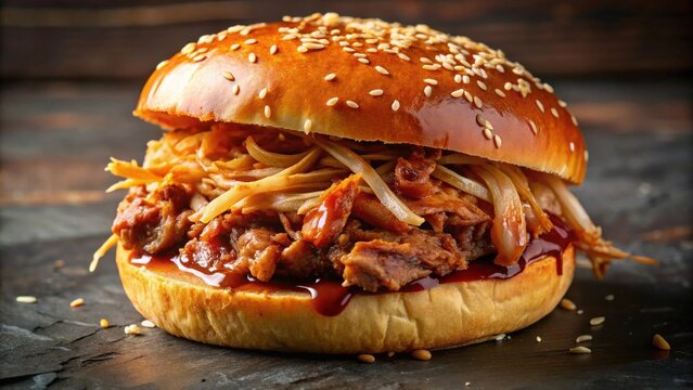 A savory pulled meat sandwich, featuring a sesame seed bun, slow-cooked meat, and a tangy barbecue sauce, rests on a dark surface.