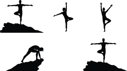 Silhouette of person practicing yoga on mountain, outdoor meditation balance pose, peaceful fitness exercise in nature mindfulness scene