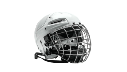 Glossy white hockey helmet with face cage, isolated on black
