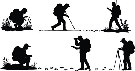 Obraz premium Silhouette of wildlife tracker exploring forest, animal footprint researcher studying nature trails, outdoor survival expert analyzing animal tracks in wilderness