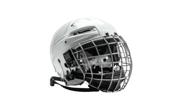 Glossy white hockey helmet with face cage, isolated on black