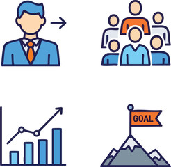 Business management and success concept with icons representing leadership teamwork growth and goal achievement.