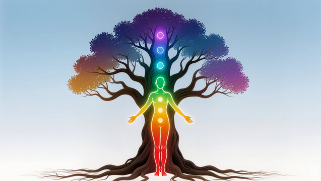 Vibrant tree of life intertwines with human energy and harmony