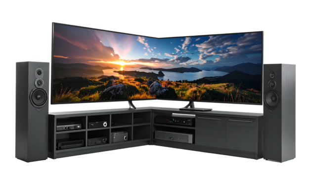 Curved TVs form wide screen, flanked by speakers on media console