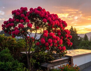 Vibrant blooming shrub against the backdrop of a warm sunset over hills