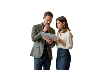 A young professional business couple smiles while working on a laptop at the office