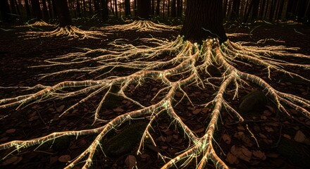 A forest scene with illuminated tree roots and glowing mushrooms in the dark forest.