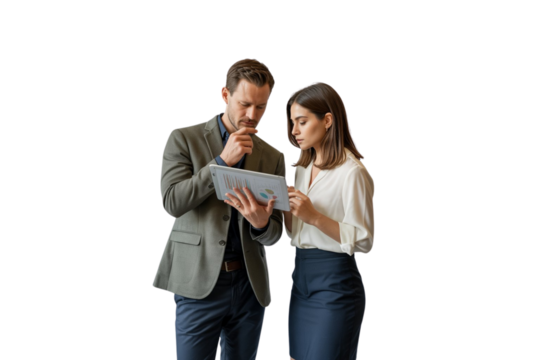 A young professional business couple smiles while working on a laptop at the office - Powered by Adobe