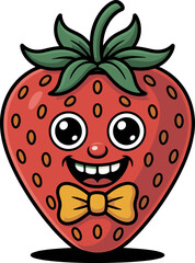 Whimsical Cartoon Strawberry Character with a Big Smile and Yellow Bow Tie Vector Art Perfect for Children's Books and Product Packaging