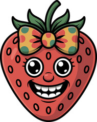 Cute cartoon strawberry character with a happy face and a polka dot bow tie bundle design concept for children's products and branding applications