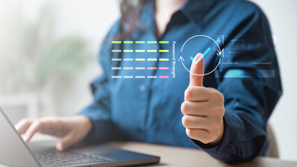 password, strength, signup, security, account, create, A person showing a strong password indicator on a virtual login screen, symbolizing password security, account protection, and data privacy.