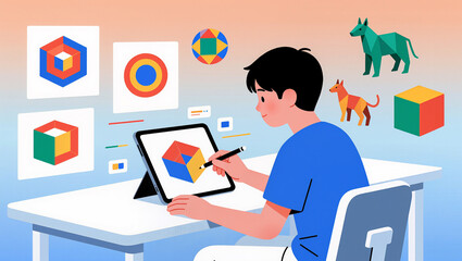 Young artist uses digital tools in a vibrant studio