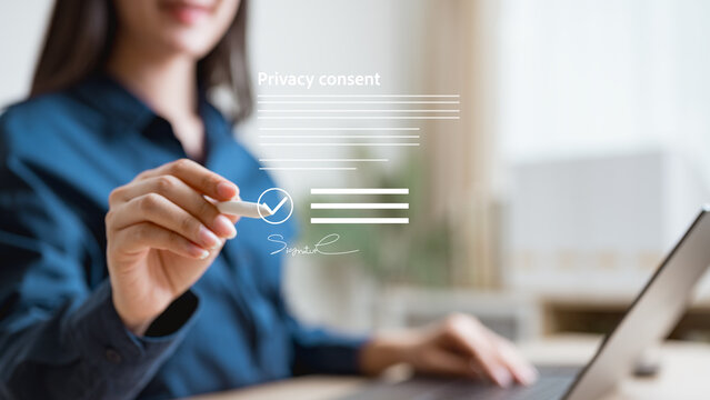 privacy, consent, settings, cookie, gdpr, data, control, A woman signing a digital privacy consent form on a laptop, representing online data protection, privacy policy, and secure authorization.