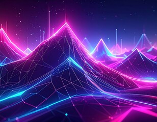 Neon landscape of wireframe mountains under a starry night sky