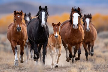Fototapeta premium Horses running in a field with a foal