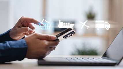 shipping, method, delivery, options, courier, logistics, Person choosing shipping method and delivery options on smartphone, symbolizing courier logistics, transport cost, and e-commerce fulfillment.