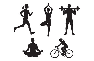 Fitness and Lifestyle Silhouette Set – Running, Yoga, Weightlifting, Meditation, and Cycling Vector Illustration