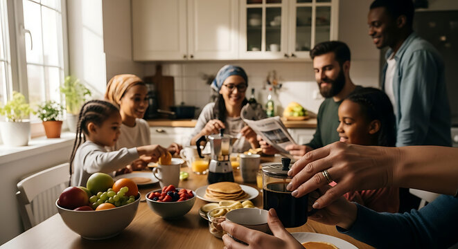 A diverse family enjoying breakfast together at a kitchen table with pancakes and fruit dishes