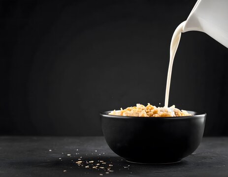 Milk is being poured from a white pitcher into a black bowl filled with cereal against a dark background.