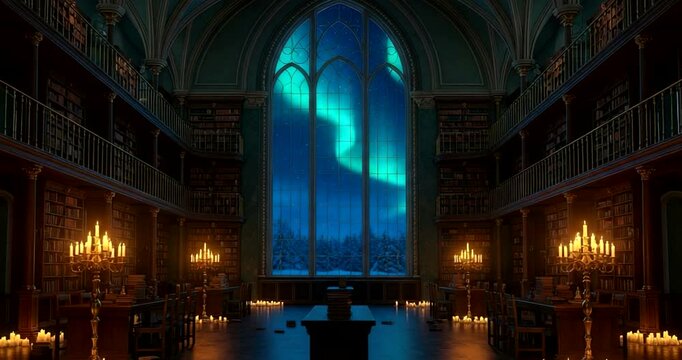 Enchanting library with aurora borealis visible through a large window