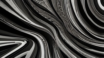 A black and white abstract optical art pattern featuring wavy, distorted lines and organic shapes that create a sense of motion and depth. The high-contrast design gives an illusion of vibration or ri