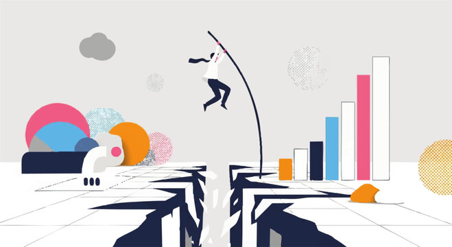 Business professional pole vaulting over a deep chasm towards growth and success.