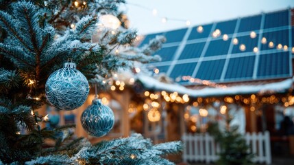 Festive Winter Scene with Snowy Tree and Solar Panels in Background