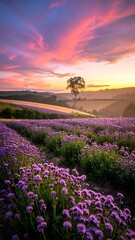 Vibrant lavender field under a stunning, colorful sunset sky