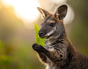A wallaby, with dark fur, holds a fern frond, enjoying a snack with a blurry green backdrop and golden light filtering through